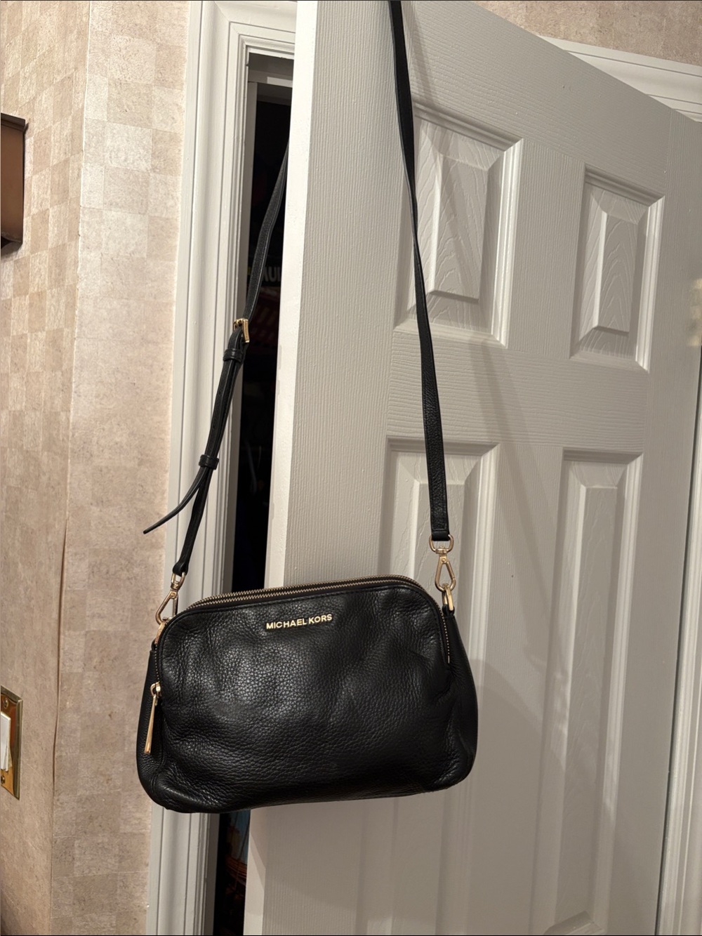 Michael Kors Black Pebbled Leather Crossbody with Gold-Tone Accents